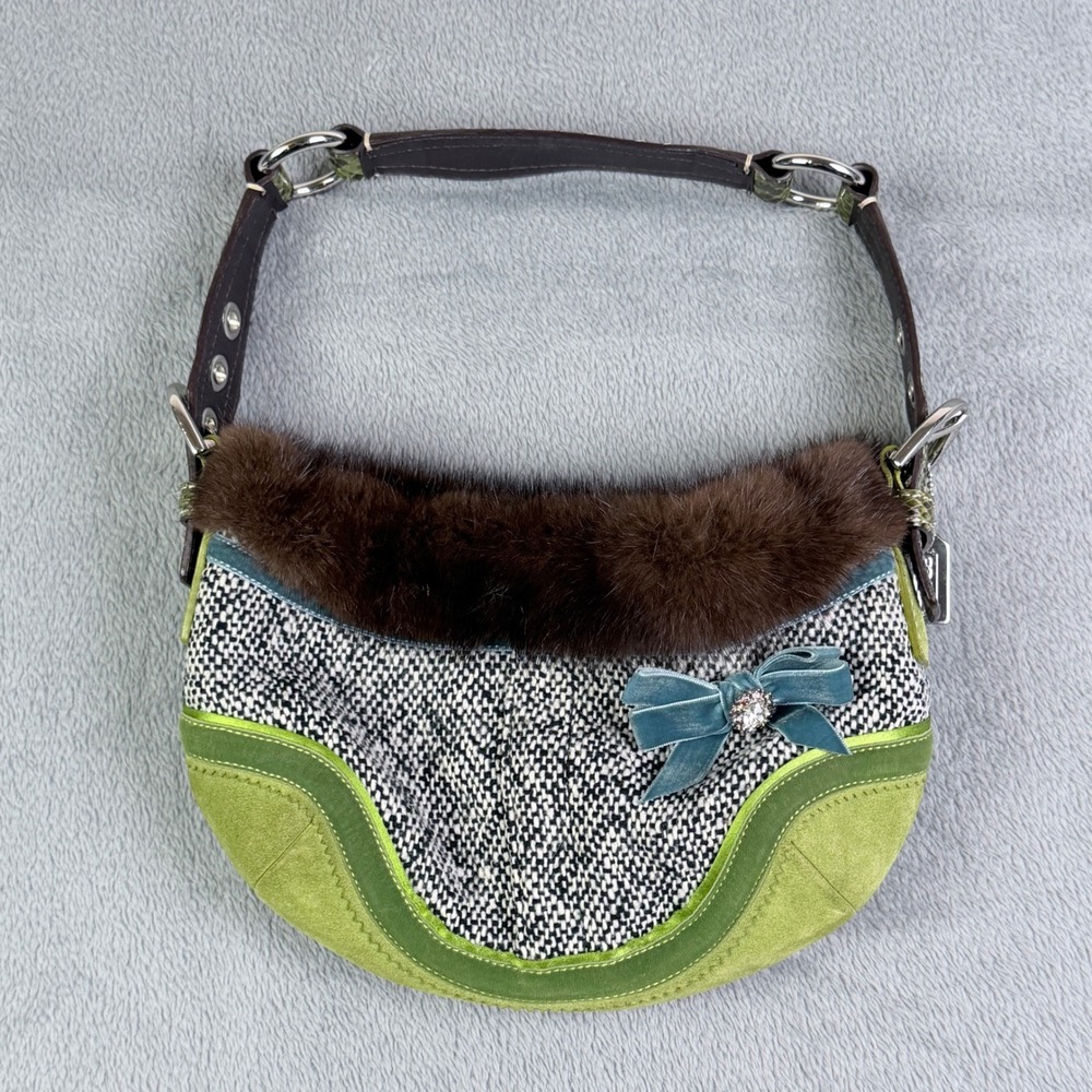 Coach Soho Exotic Tweed Mink Fur Python Small Hobo Bag Purse Green Brown 8F05